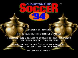 Championship Soccer '94 title screen for Super Nintendo